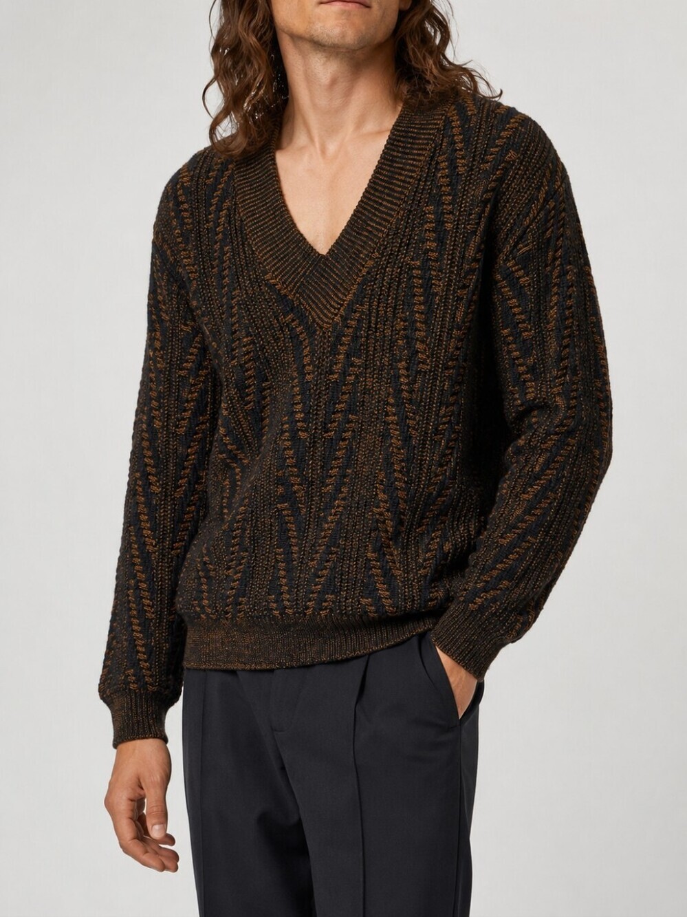 Vintage Miller Textured Knit V Neck Sweater Brown Black Wool Blend M